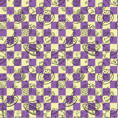 Cute Kawaii Coffee Tea And Bakery Seamless Pattern With Donuts Cupcakes Purple And Cream