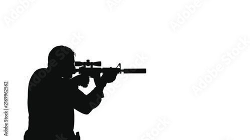 Person's silhouette aims a tactical rifle with a scope and suppressor, representing themes of military operations, precision shooting, or security concerns against a clean white background.