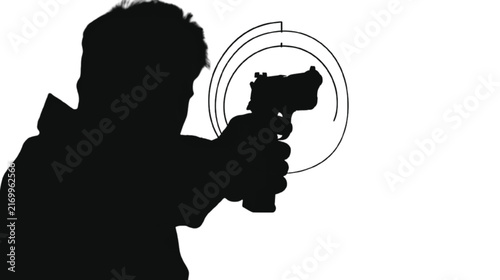 Person's silhouette aims a handgun with a circular target overlay, symbolizing themes of crime, security, danger, or defense against a stark white background.