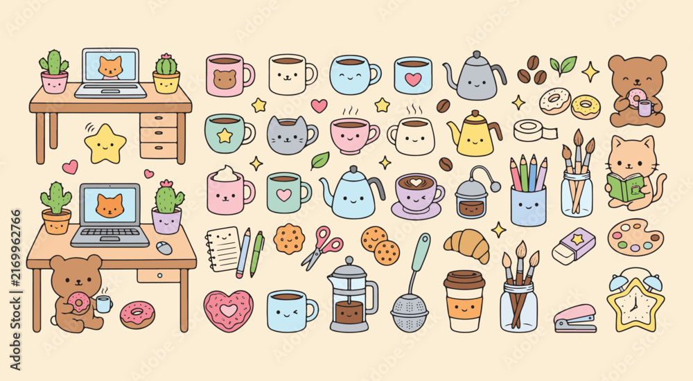 Fototapeta premium Cute cozy coffee shop workspace collection with cats bears mugs plants donuts art supplies and stationery