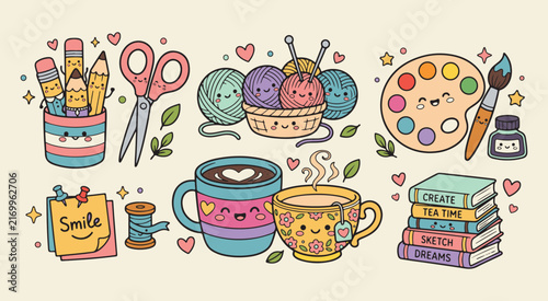 Cute Kawaii Coffee Tea Art Craft Hobby Collection With Yarn Pencils Paint Palette Books and Tea Cups