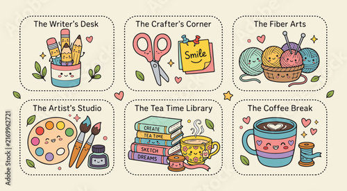 Cute Kawaii Creative Hobby Collection With Writing Craft Fiber Art Painting Tea Time Coffee And Yarn