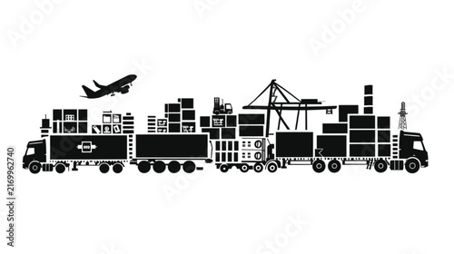 Integrated global transportation system diagram illustrating various freight logistics components including container trucks, cargo trains, and an airplane facilitating efficient worldwide goods.