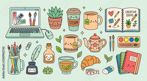 Cozy creative workspace with laptop coffee tea plants notebooks art supplies croissant and cute deco