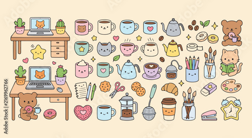 Cute cozy coffee shop workspace collection with cats bears mugs plants donuts art supplies and stationery
