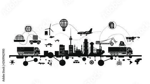 Global logistics network illustration depicts an interconnected supply chain linking urban infrastructure, diverse modes of transportation, and industrial facilities across a wide, expansive world.