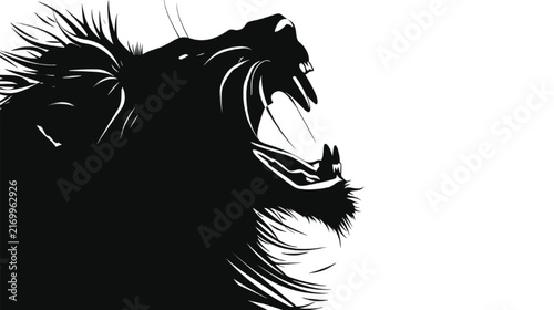 Ferocious lion silhouette with its mouth wide open in a powerful roar, emphasizing the sharp teeth and dynamic fur lines, creating an impactful visual ideal for branding and expressive graphic.