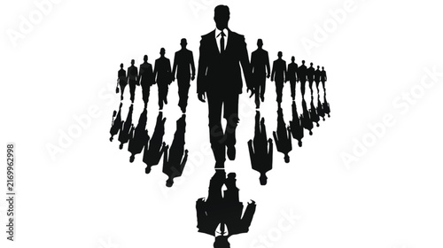 Prominent businessman silhouette leads a V-shaped formation of smaller, identical figures, creating a powerful visual of strong leadership, teamwork, and a unified corporate strategy moving forward.