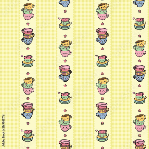 Cute Kawaii Stacked Tea Cups Seamless Pattern with Pastel Gingham Background for Cafe Kitchen Design