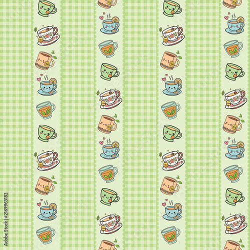 Cute Tea Cup and Teapot Doodle Pattern with Green Gingham Background for Kitchen and Cafe Decor