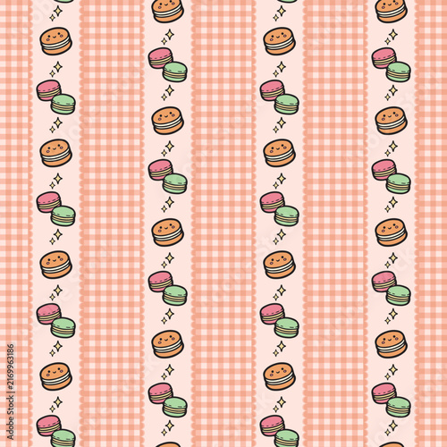 Cute Colorful Macaron Doodle Pattern with Peach Gingham Background for Sweet Dessert and Bakery Design