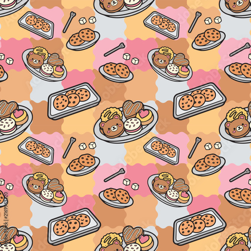 Cute Kawaii Bear Dessert Cookie Seamless Pattern with Sweet Pastries Bakery Treats and Pastel Colors