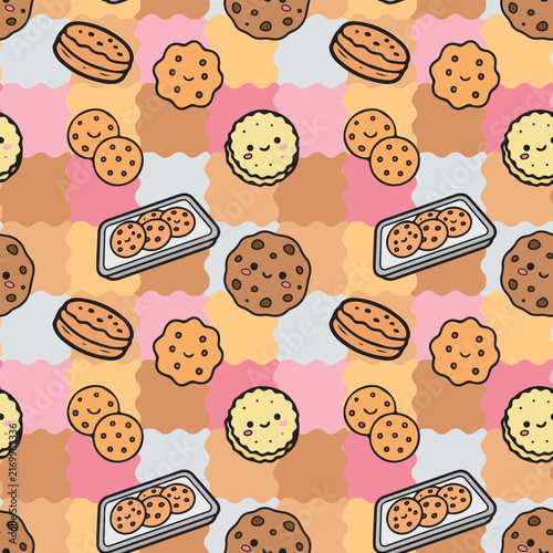 Cute Kawaii Cookie Seamless Pattern with Chocolate Chip Biscuits and Sweet Pastel Bakery Treats