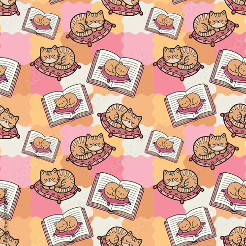Cute Sleeping Cat and Kitten Reading Book Seamless Pattern Cozy Library Animal Design in Pastel Colors