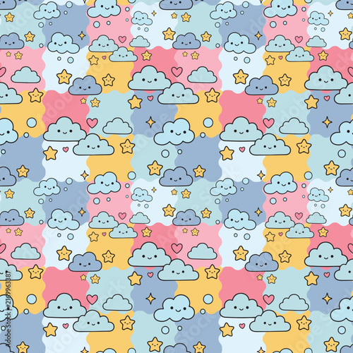 Cute Kawaii Cloud and Star Seamless Pattern with Smiling Clouds Hearts and Pastel Sky Elements theme