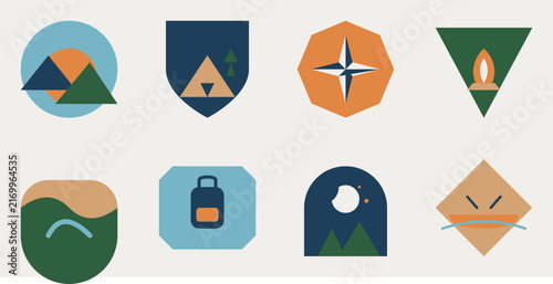 Collection of flat vector camping and travel badges featuring nature, mountains, tents, and compass designs