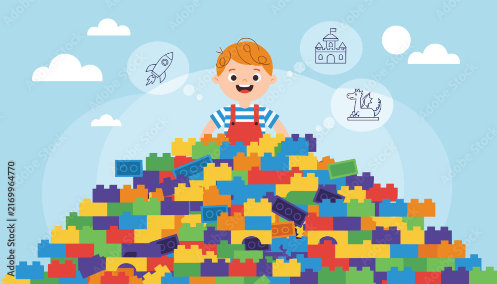 Obraz premium Happy young boy playing with a massive pile of colorful building blocks while imagining castles and rockets.
