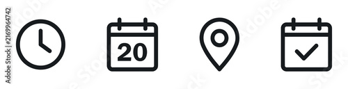 Clock calendar and location icons represent time dates and places