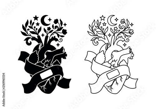 Heart with tree and moon. black and white illustration. healing concept.