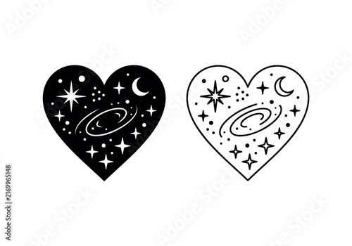Heart-shaped cosmic design with stars, crescent moon, and galaxy in black and outline.