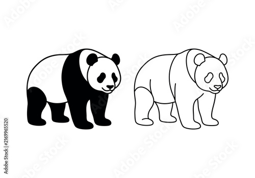 Set of cute panda bear character silhouette and line art illustration for graphic design.
