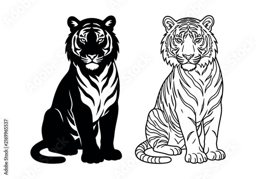 Set of majestic tiger big cat silhouette and line art illustration for graphic design.