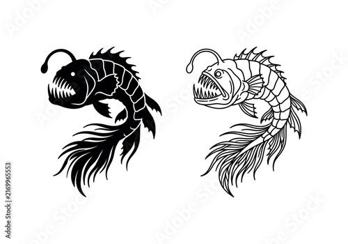Set of scary anglerfish deep sea creature silhouette and line art for graphic design.