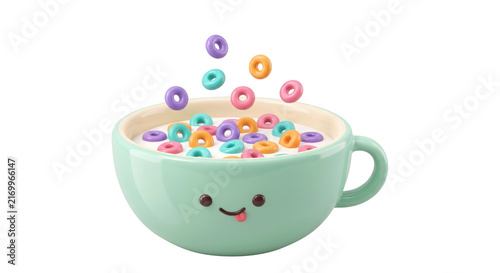Cute Smiling Cup Filled with Colorful Breakfast Cereal Isolated on White