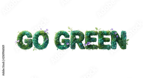 Go Green Text Made of Lush Leaves and Plants Isolated on White