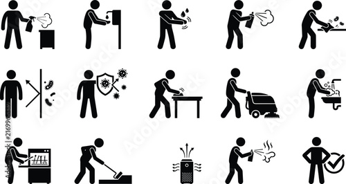 Bild auf Leinwand Set of cleaning and disinfection icons featuring people performing various sanit