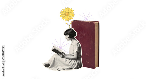 Surreal Woman Reading a Book with Giant Book and Sun Illustration