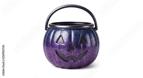 Purple Glitter Halloween Pumpkin Candy Bucket Isolated on White Background