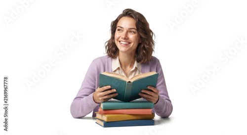 Smiling Young Woman Reading a Book with a Stack of Books Isolated on White