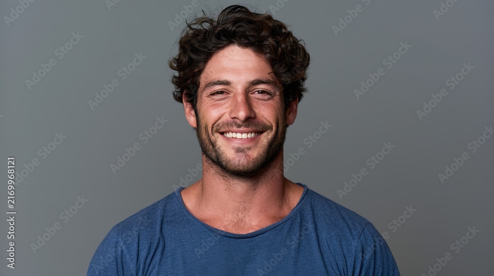 Obraz premium Studio headshot of a cheerful young man wearing a blue tee with a warm, inviting smile