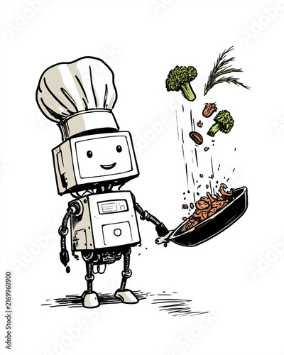 Robotic Chef Cooking: A cute cartoon robot wearing a chef's hat cooks food in a frying pan, tossing broccoli and meat, with a smile on its screen face, symbolizing future culinary technology.