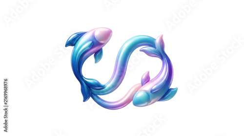 Glossy Pisces fish pair swimming in opposite directions with flowing blue, turquoise, violet and pearlescent pink gradients.