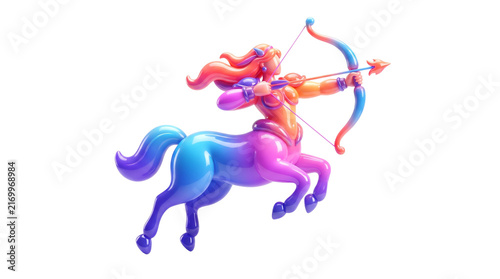 Glossy stylized Sagittarius archer with a curved bow and vibrant blue, violet, magenta and coral gradients, isolated on white background.