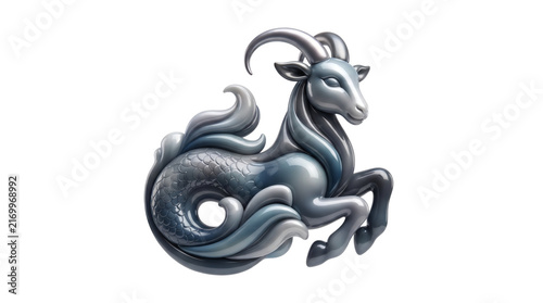 Glossy mythical Capricorn sea-goat combining curved horns with a flowing fish tail in deep blue and silver gradients.
