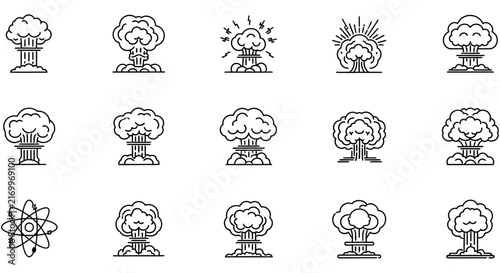 Nuclear Explosion Icons Line Art Style On White Background atomic