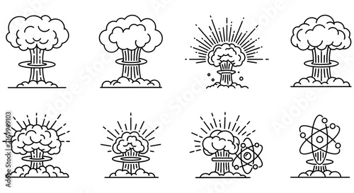 Nuclear explosion illustrations linear style on a white background atomic