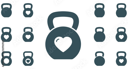 Kettlebell Silhouette Icons With Heart Cutout On White Background athletic