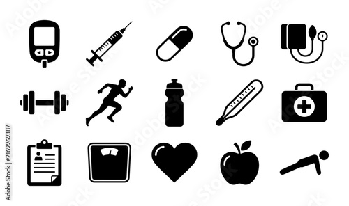 Medical and fitness icon set, 15 black health vector symbols, healthcare and wellness flat icons for apps and web design