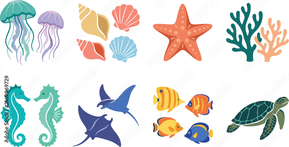 Fototapeta premium Vibrant Marine Life and Ocean Motif Illustration Set