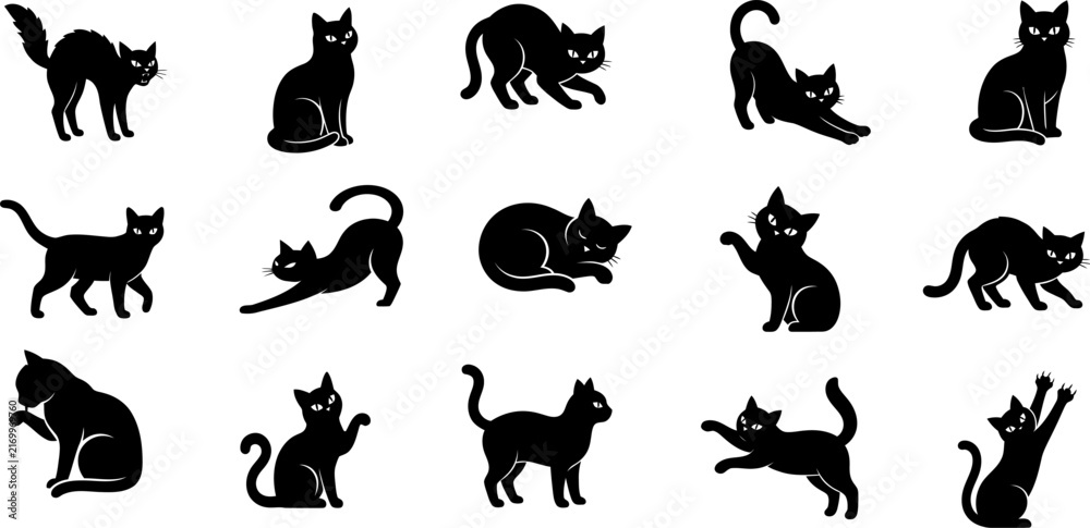 Obraz premium Set of various black cat silhouettes in different poses for halloween design elements and creative projects