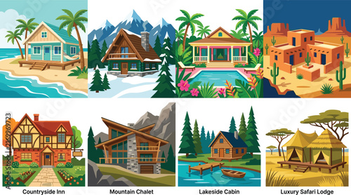 Vacation Lodging and Resort Architecture Icon Set