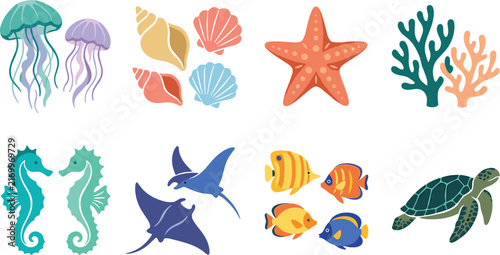 Vibrant Marine Life and Ocean Motif Illustration Set