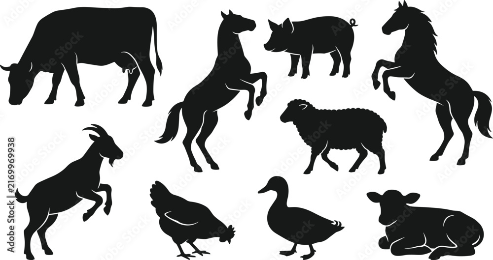 Obraz premium Farm Animals Silhouettes Vector Set with Cow Rearing Horse Goat Pig Sheep Hen Chicken Duck and Calf Black Cliparts