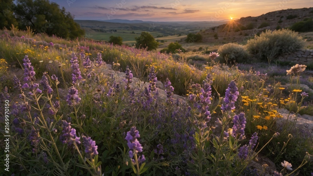 Obraz premium Sunset glow over purple wildflowers in a rolling hill landscape