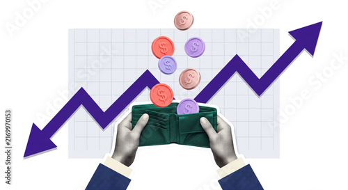 Hands Holding Green Money Bag with Coins and Financial Growth Arrow