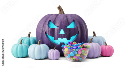 Purple Halloween Jack O Lantern with Candy Bowl and Pastel Pumpkins